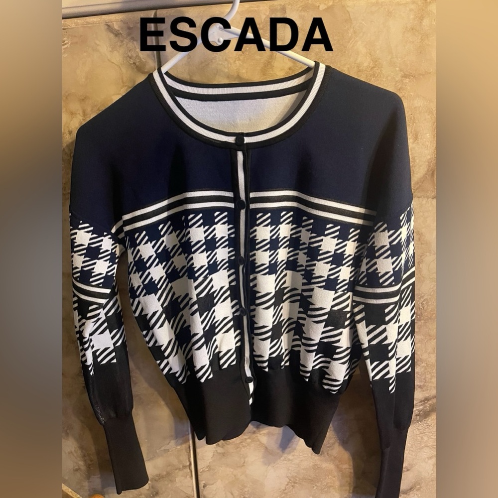Escada Blue and White Patterned Cardigan Medium